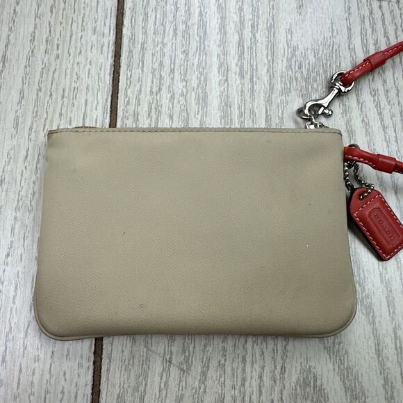 Coach Leatherware Wristlet Coin Purse Beige with Orange/Red Leather Strap/Trim - Picture 5 of 8